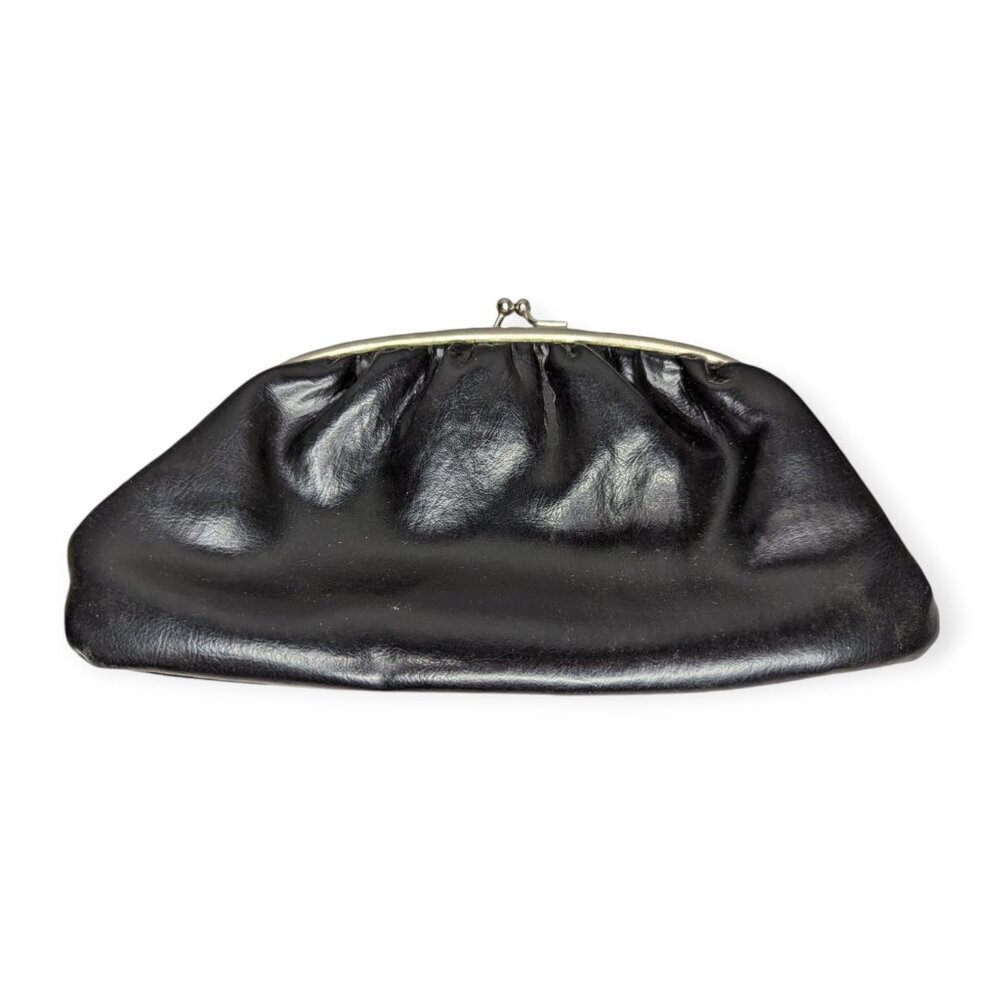 Vintage Black Leather Clutch w/ Silver Tone Kiss Lock Black Satin Lining 10.5"